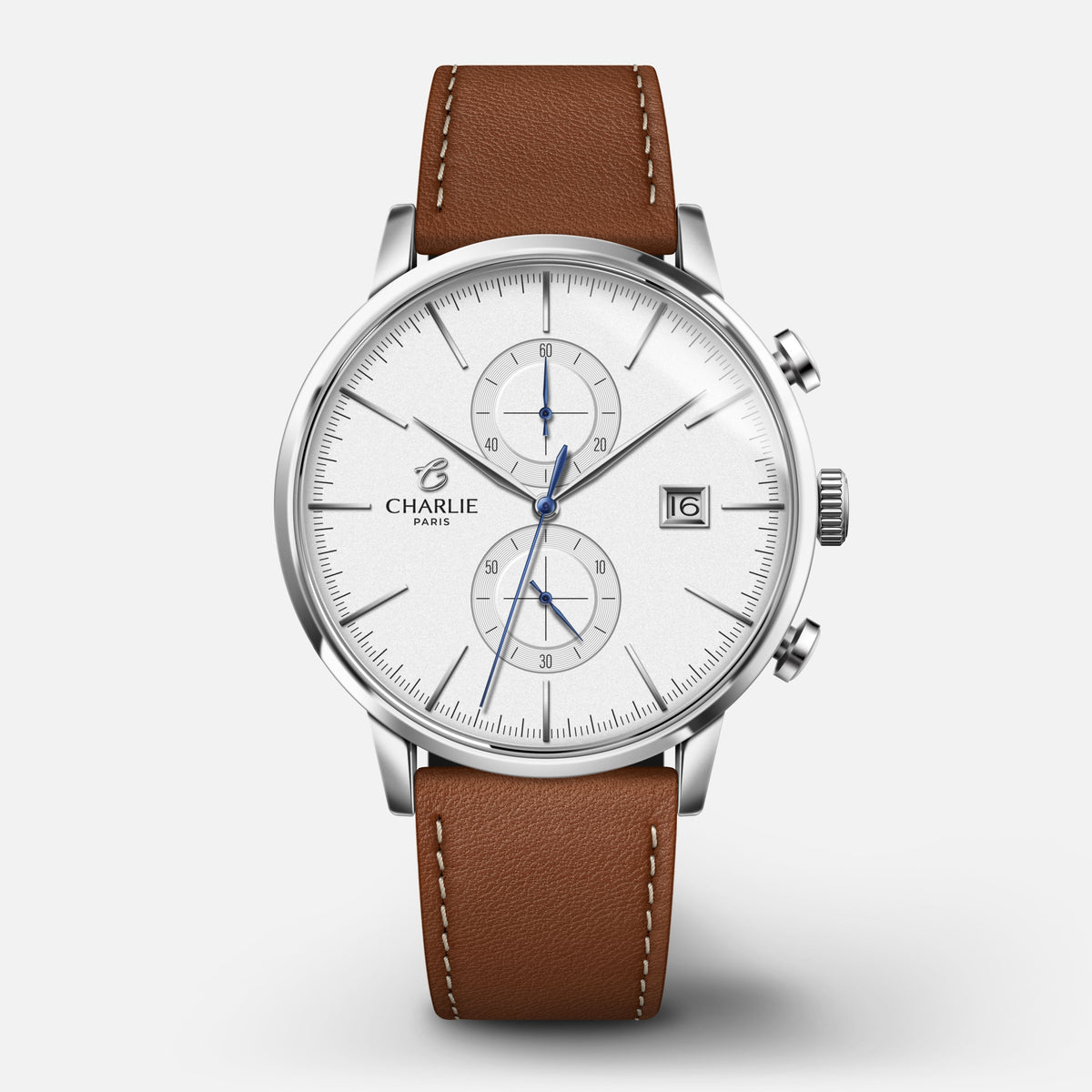 HORIZON - Chronographe - Blanc Montres CHARLIE Cuir marron