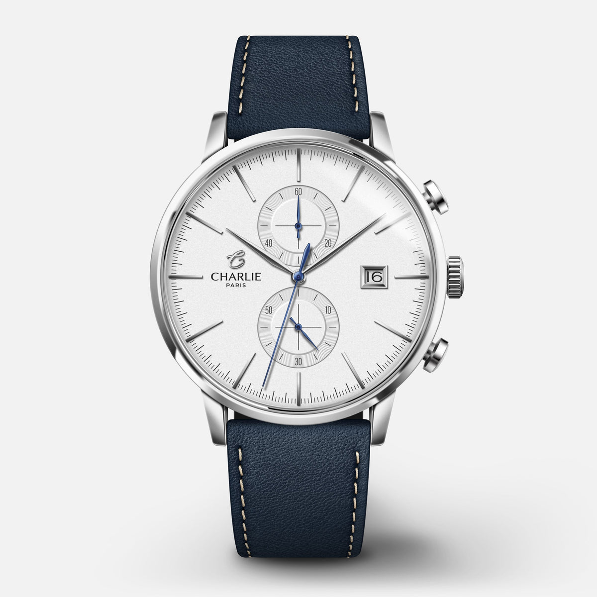HORIZON - Chronographe - Blanc Montres CHARLIE Cuir bleu