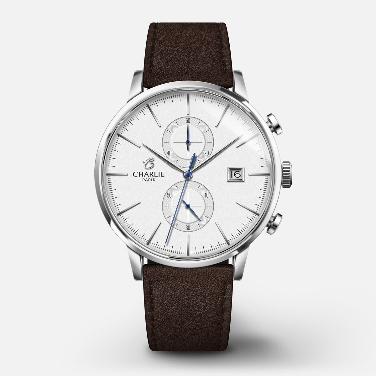 HORIZON - Chronographe - Blanc Montres CHARLIE Cuir chocolat