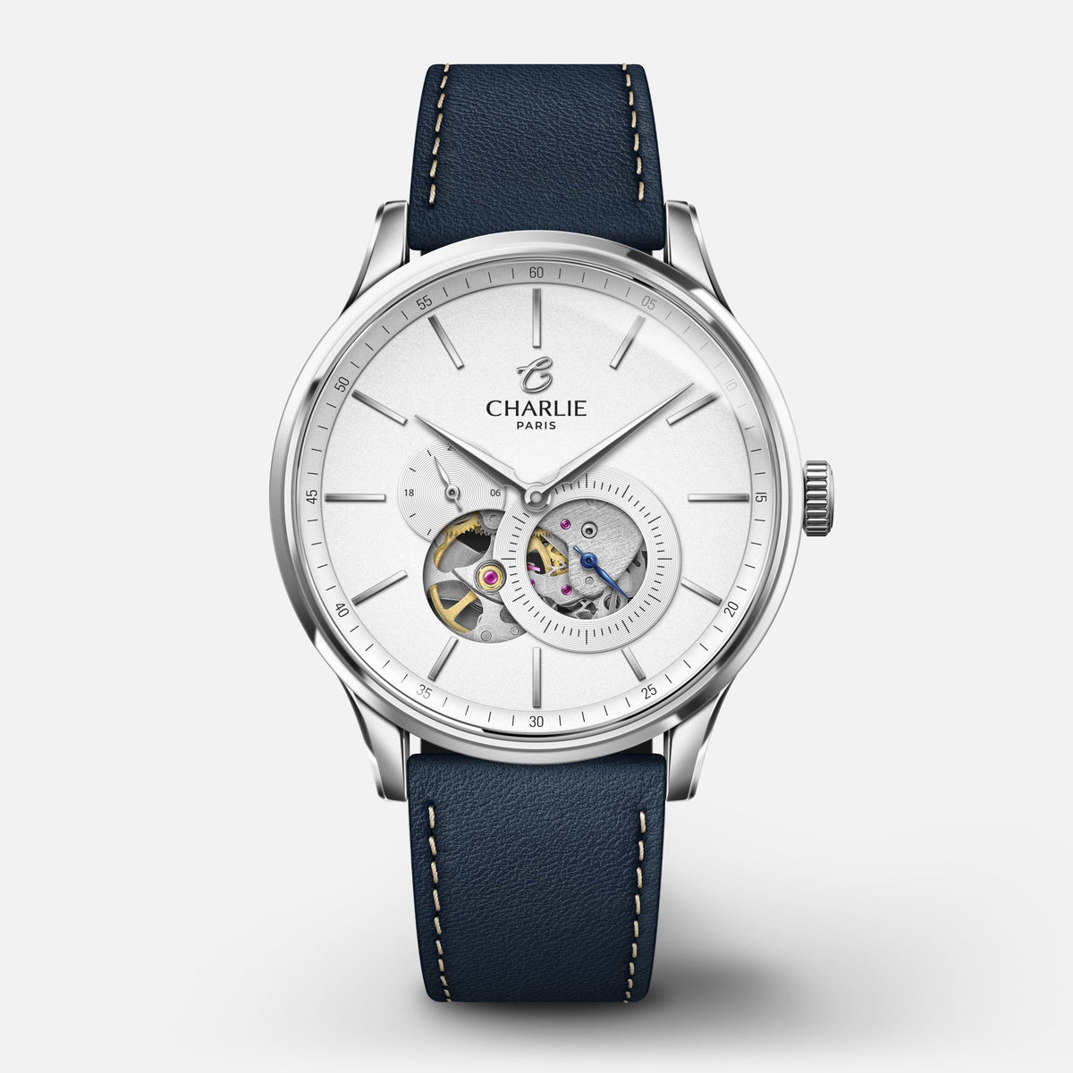 INITIAL - Automatique Cœur Ouvert - Blanc Montres CHARLIE Cuir bleu