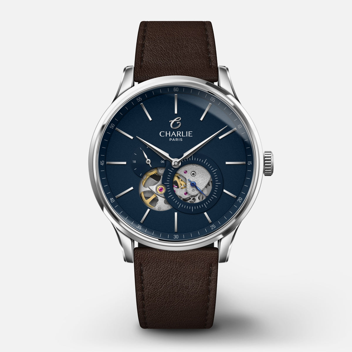 INITIAL - Automatique Cœur Ouvert - Bleu Montres CHARLIE Cuir chocolat