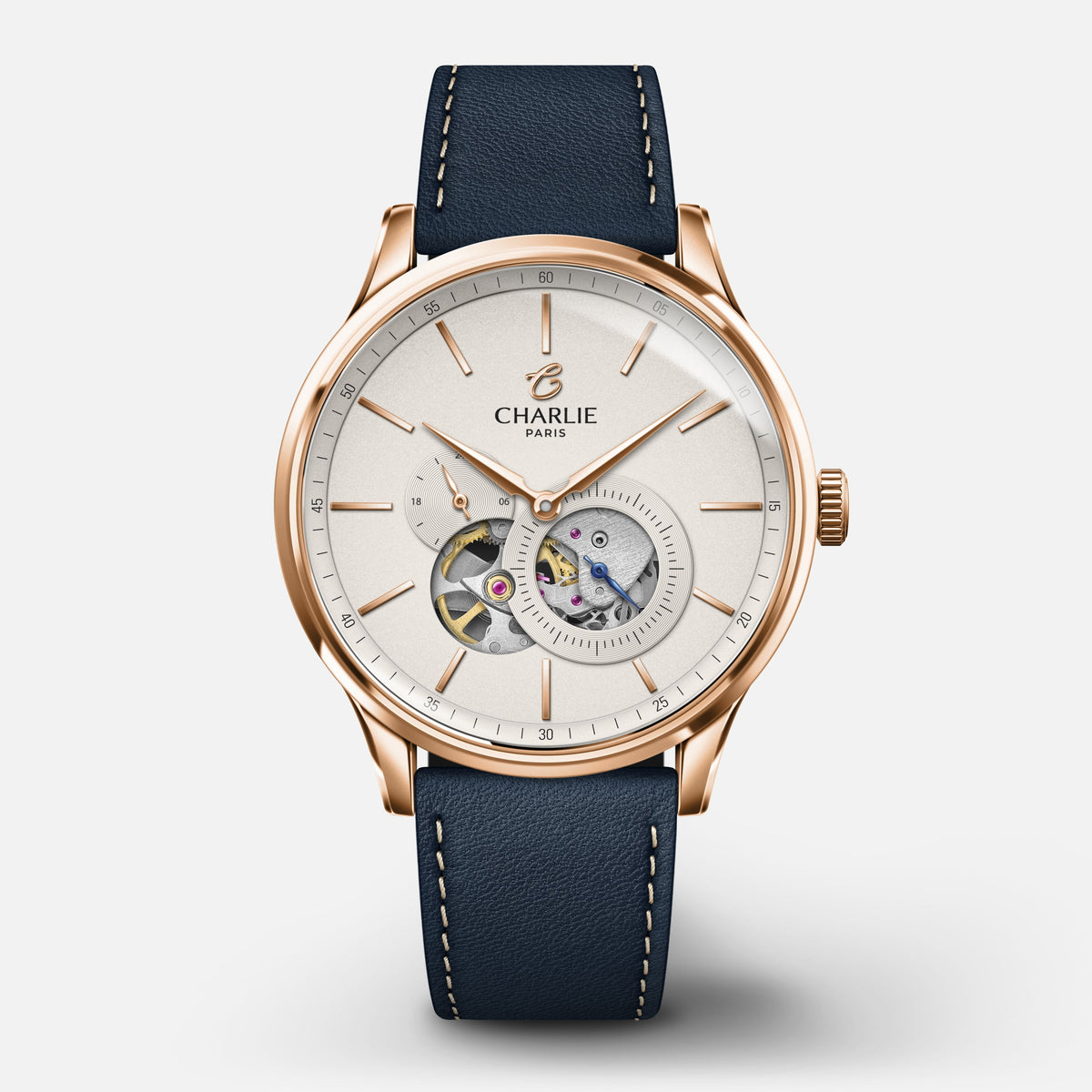 INITIAL - Automatique Cœur Ouvert - Doré rose Montres CHARLIE Cuir bleu