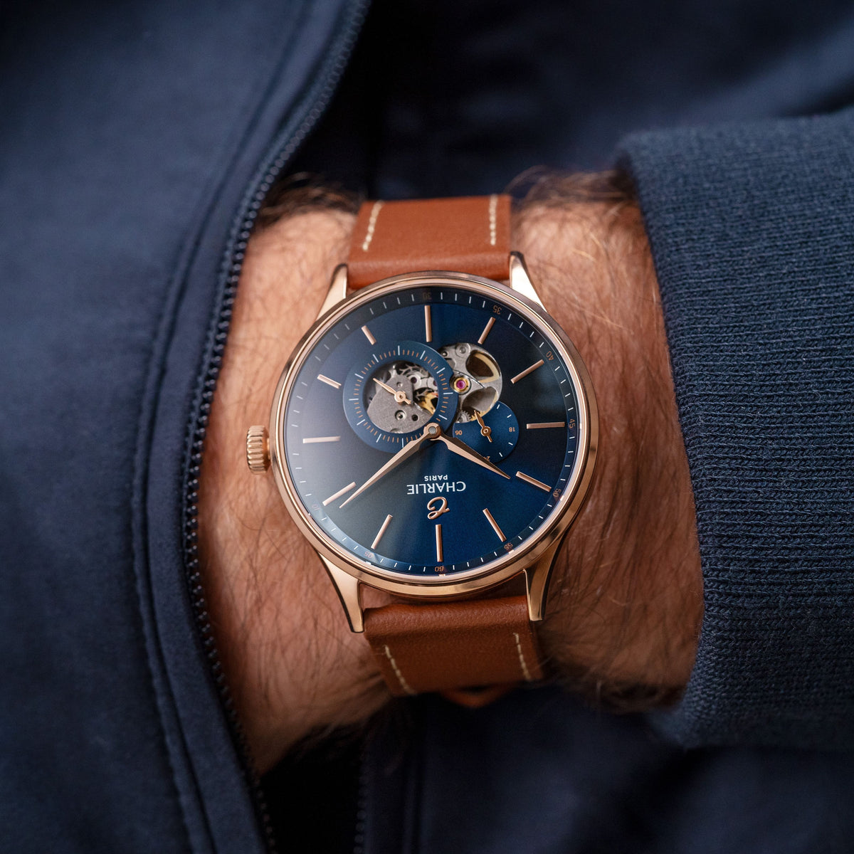 INITIAL - Automatique Cœur Ouvert - Doré rose/Bleu Montres CHARLIE