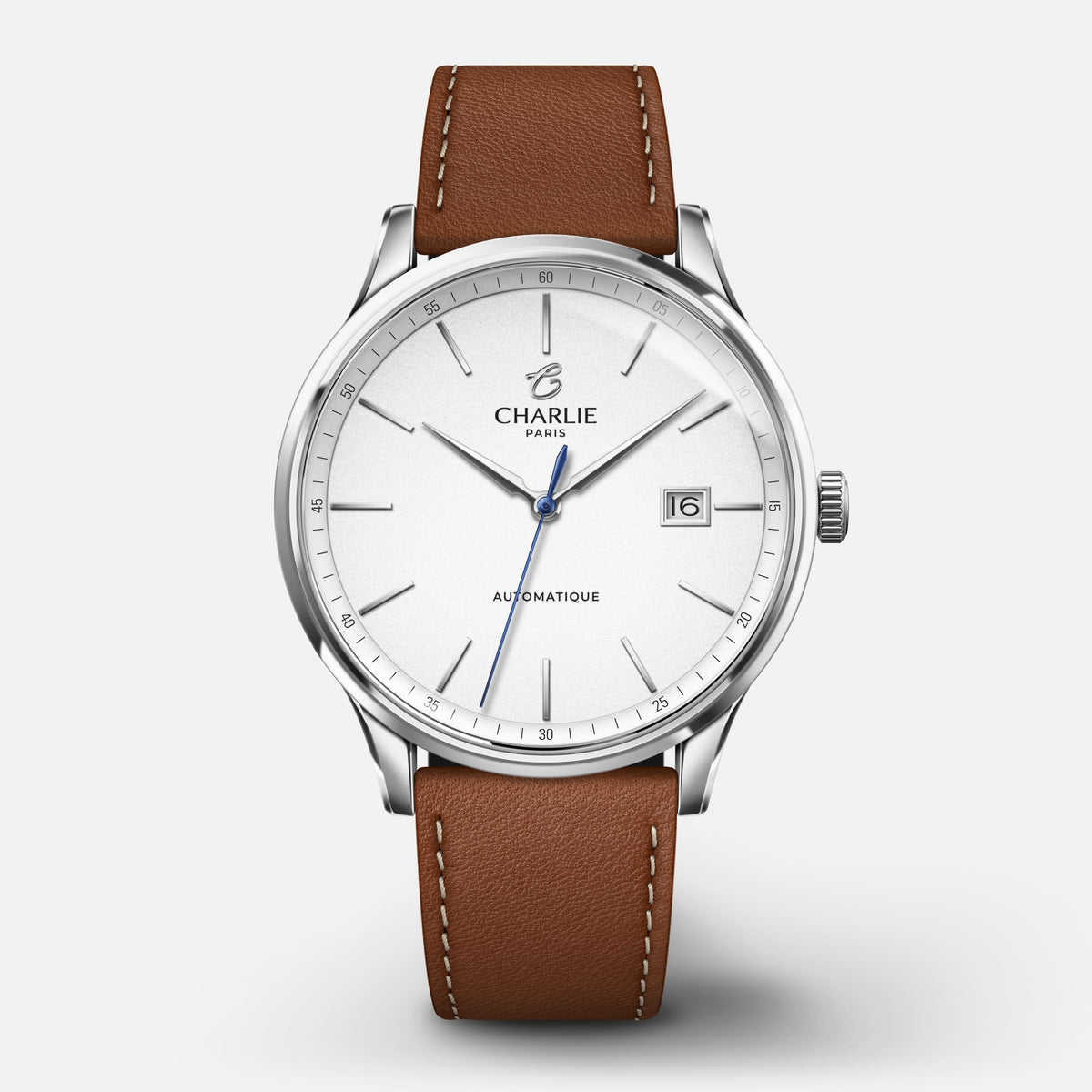 INITIAL - Automatique Slim - Blanc Montres CHARLIE Cuir marron
