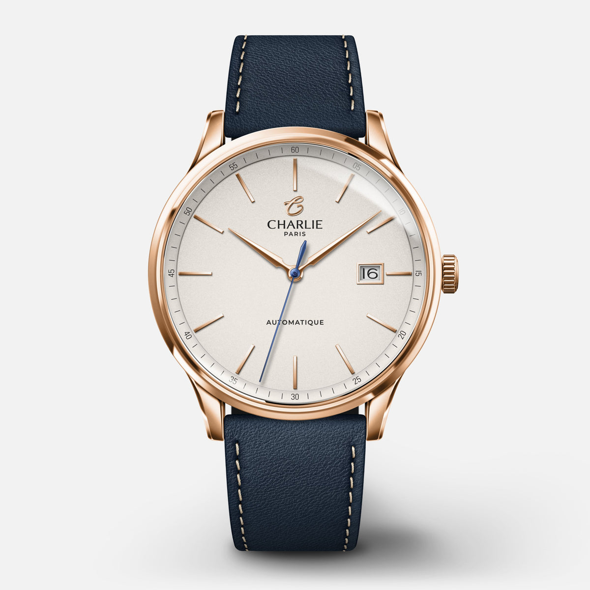 INITIAL - Automatique Slim - Doré rose Montres CHARLIE Cuir bleu