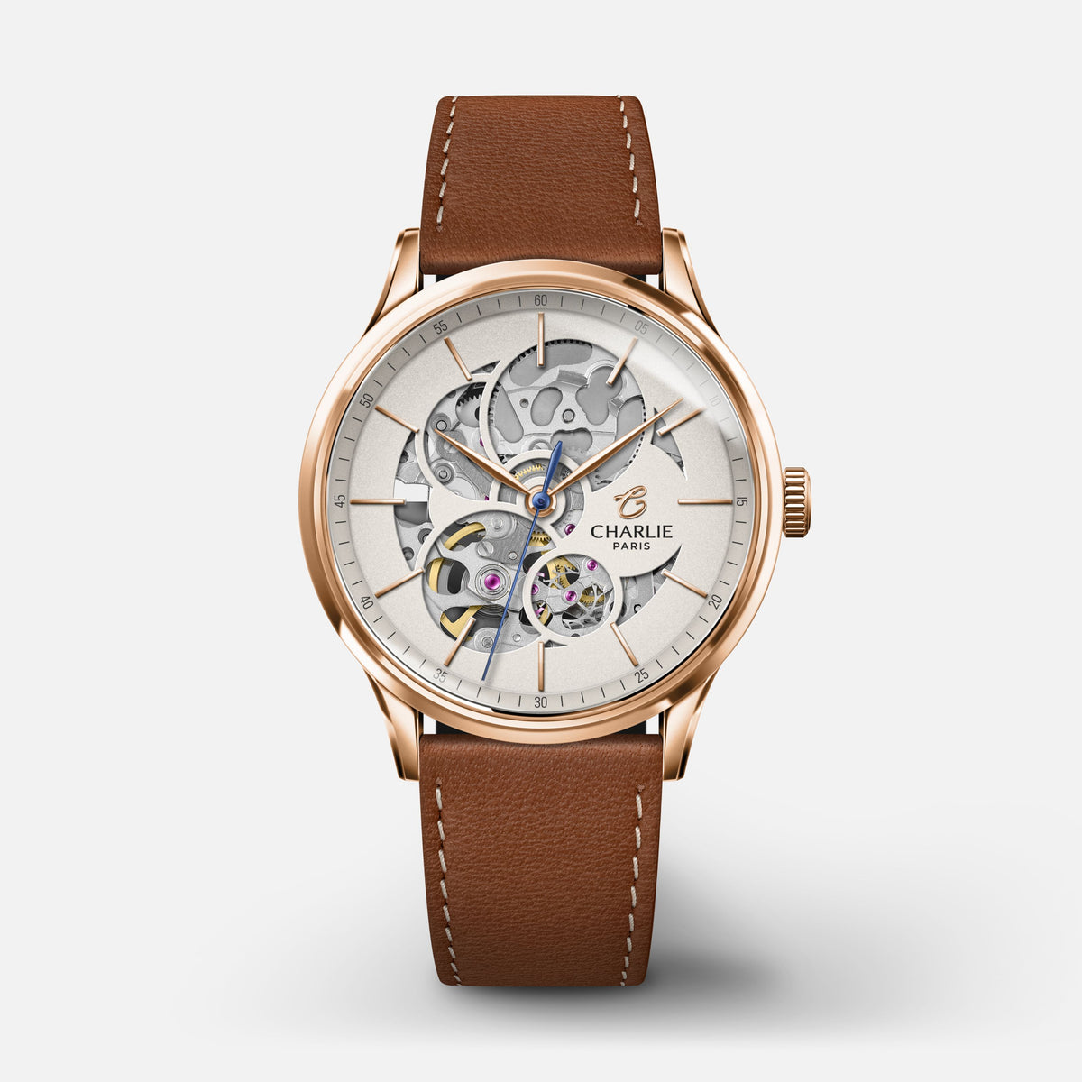 INITIAL 36 - Automatique Ajourée - Doré rose Montres CHARLIE Cuir marron