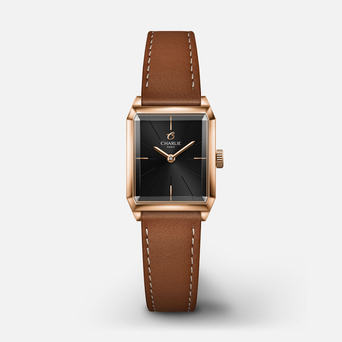 MONCEAU - Quartz - Doré rose & Noir Montres CHARLIE Cuir marron