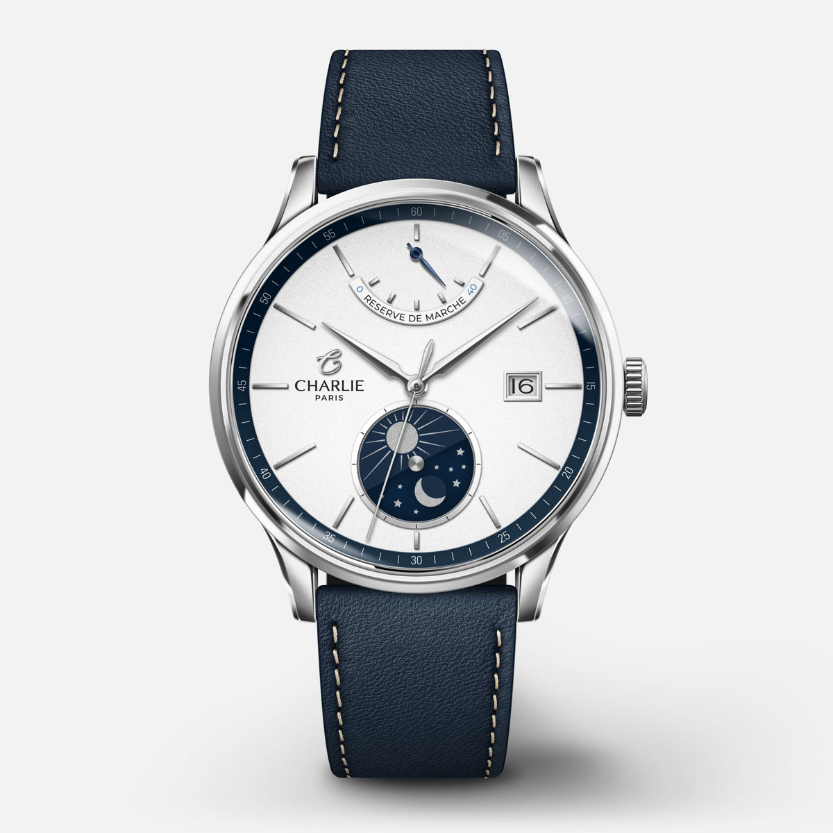 INITIAL - Automatique Jour/Nuit - Panda blanc & bleu Montres CHARLIE Cuir bleu