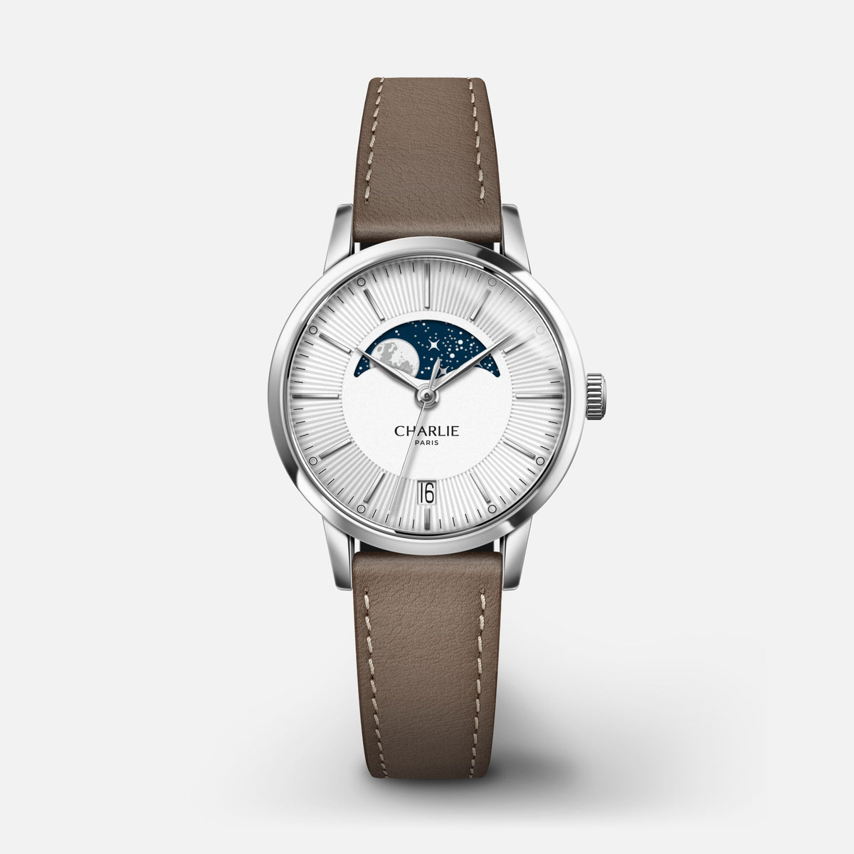 SULLY - Quartz Phase de Lune - Acier Montres CHARLIE Cuir taupe