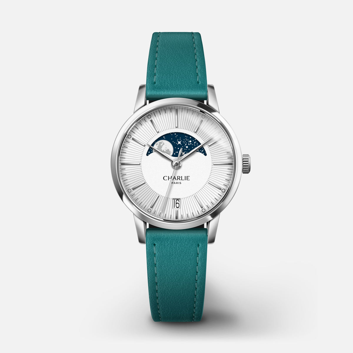 SULLY - Quartz Phase de Lune - Acier Montres CHARLIE Cuir paon