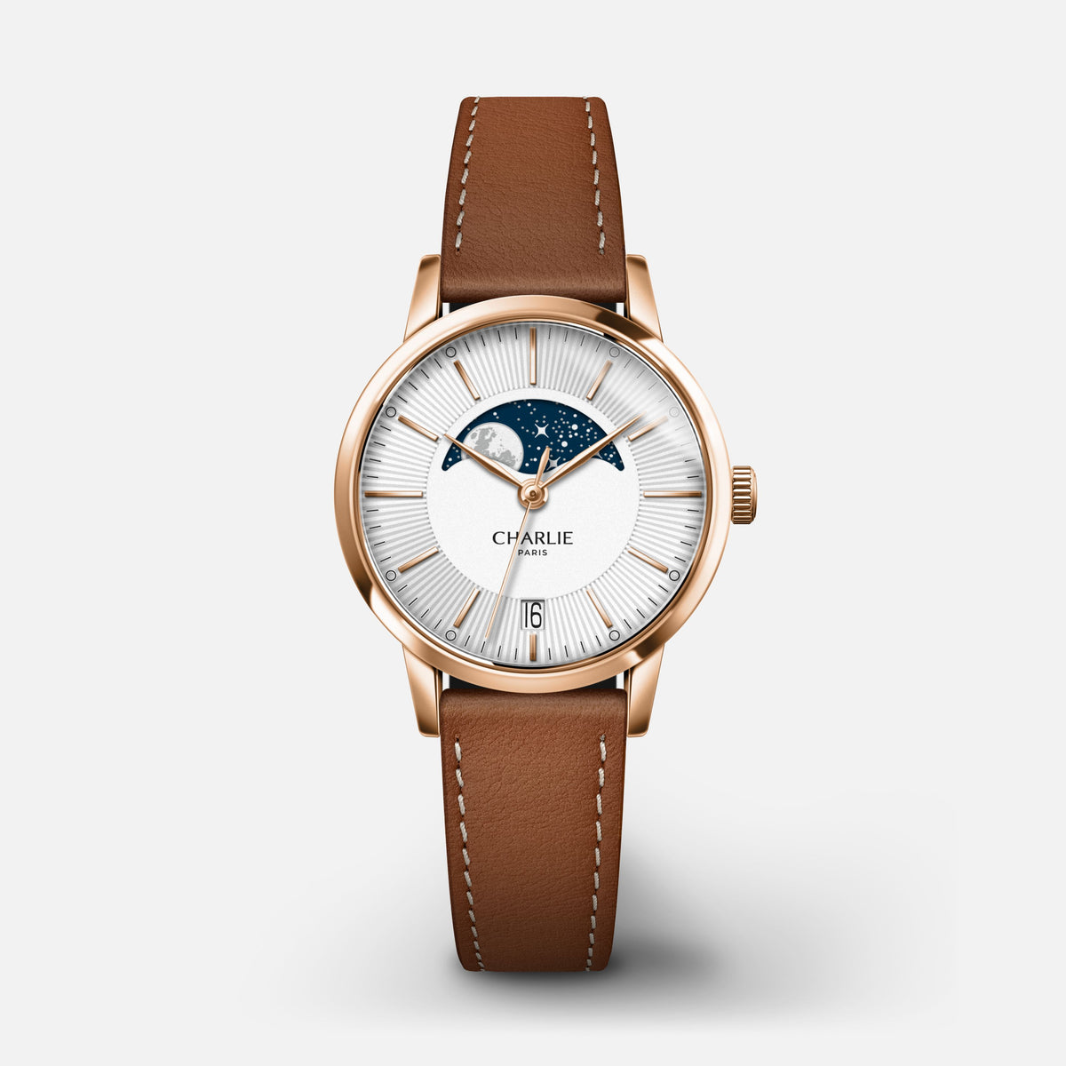 SULLY - Quartz Phase de Lune - Doré rose Montres CHARLIE Cuir marron