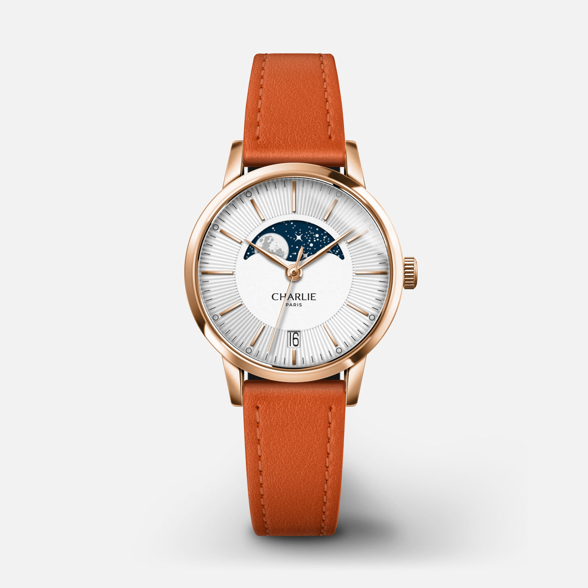 SULLY - Quartz Phase de Lune - Doré rose Montres CHARLIE Cuir mandarine