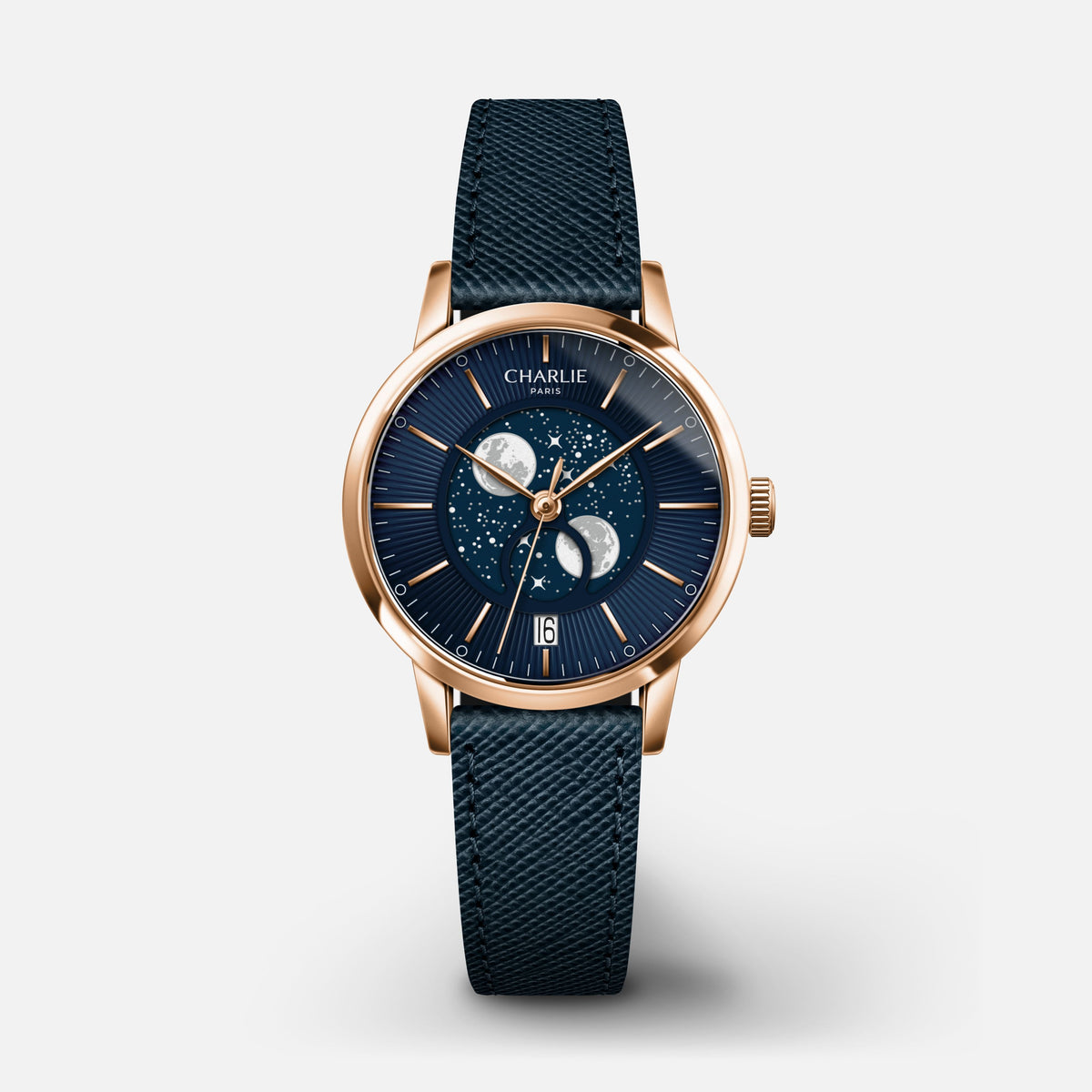 SULLY - Quartz Phase de Lune - Doré rose & Bleu Montres CHARLIE Cuir saffiano bleu