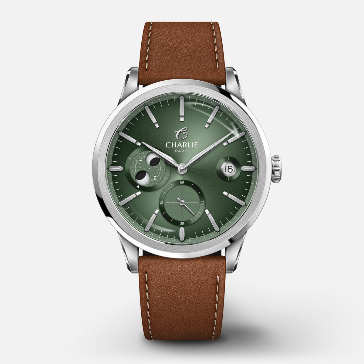 ALLIANCE - Automatique phase de lune - Sauge Montres CHARLIE Cuir marron