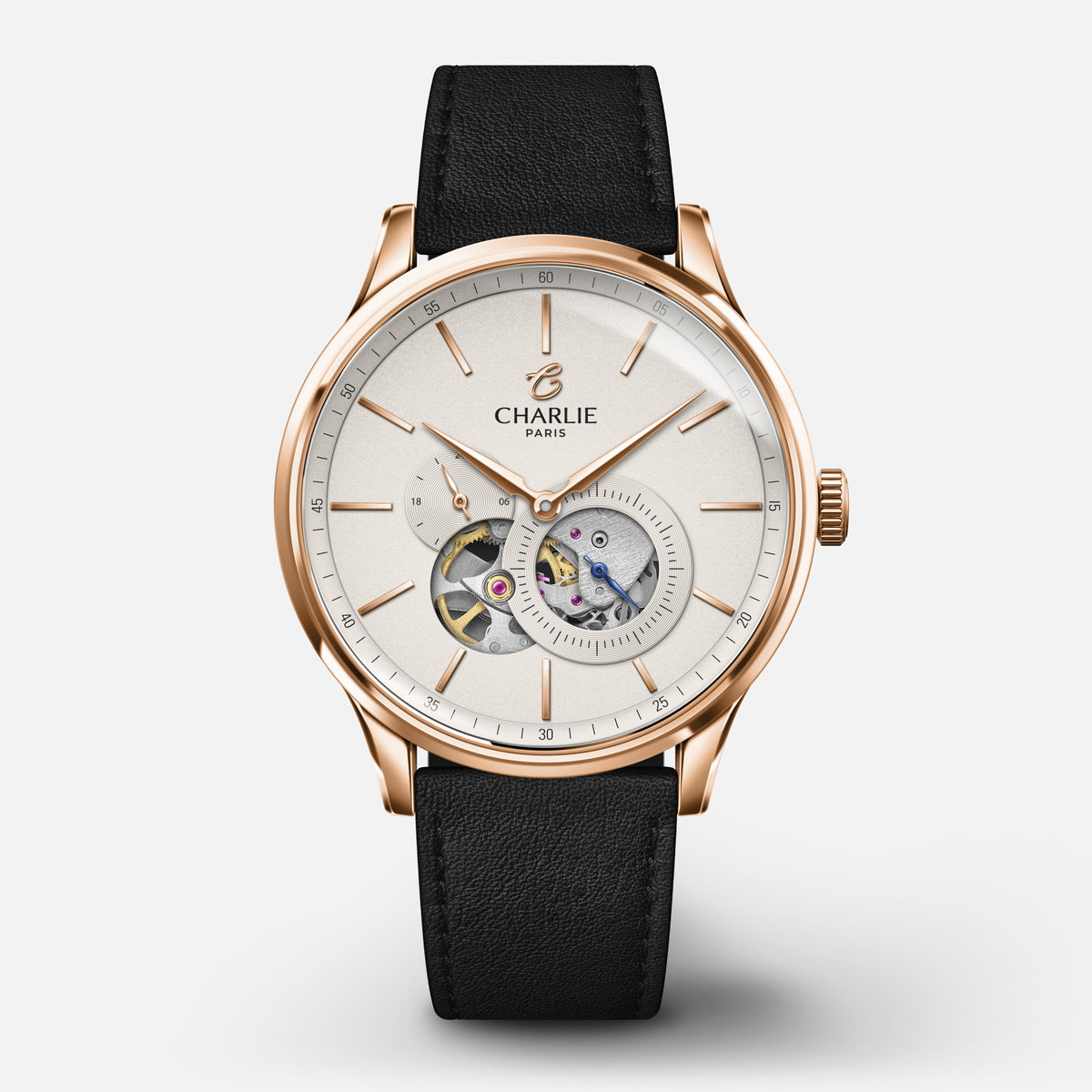 INITIAL - Automatique Cœur Ouvert - Doré rose Montres CHARLIE Cuir noir