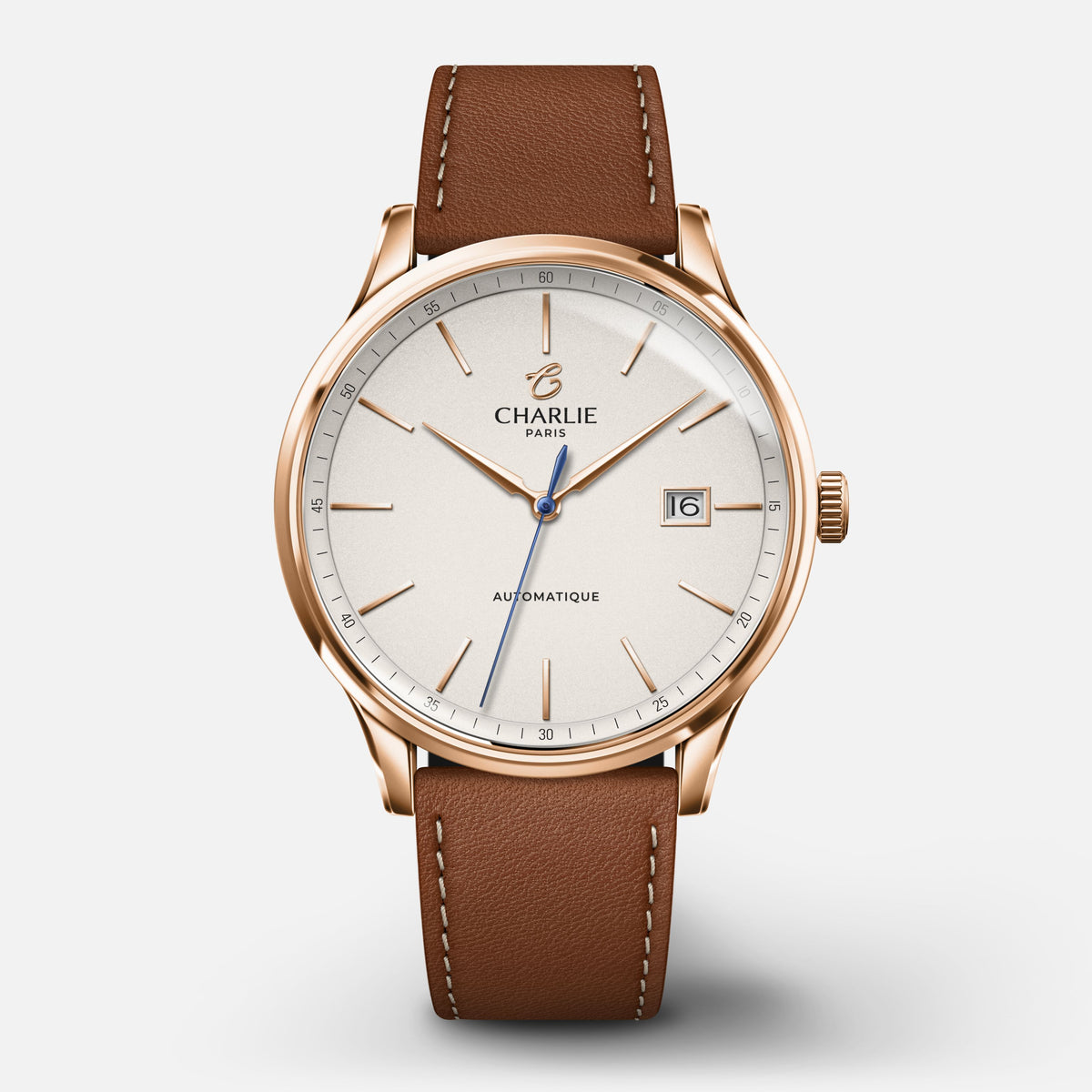 INITIAL - Automatique Slim - Doré rose Montres CHARLIE Cuir marron