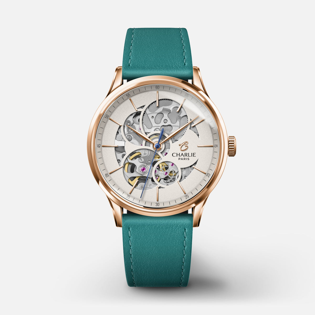 INITIAL 36 - Automatique Ajourée - Doré rose Montres CHARLIE Cuir paon