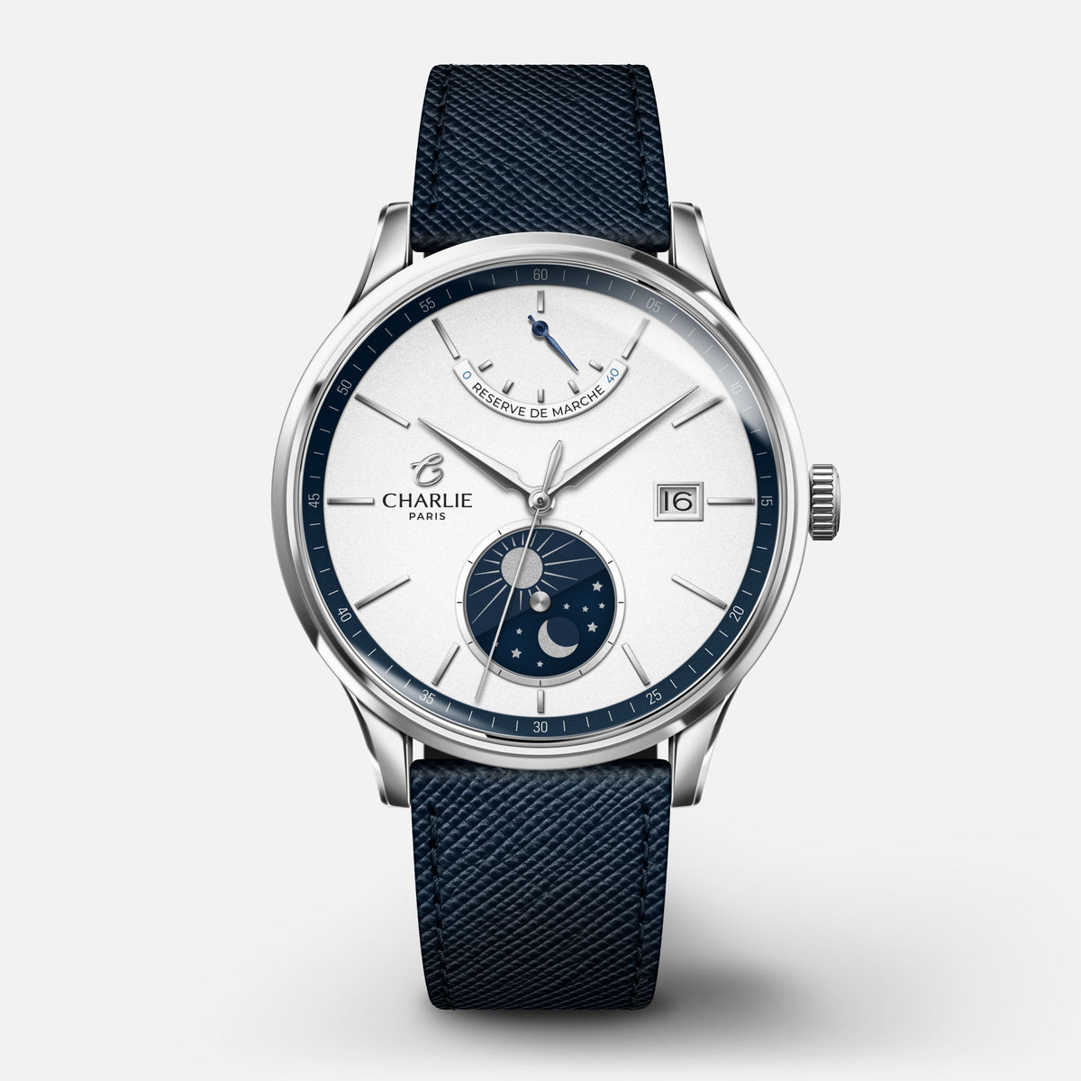 INITIAL - Automatique Jour/Nuit - Panda blanc & bleu Montres CHARLIE Cuir saffiano bleu