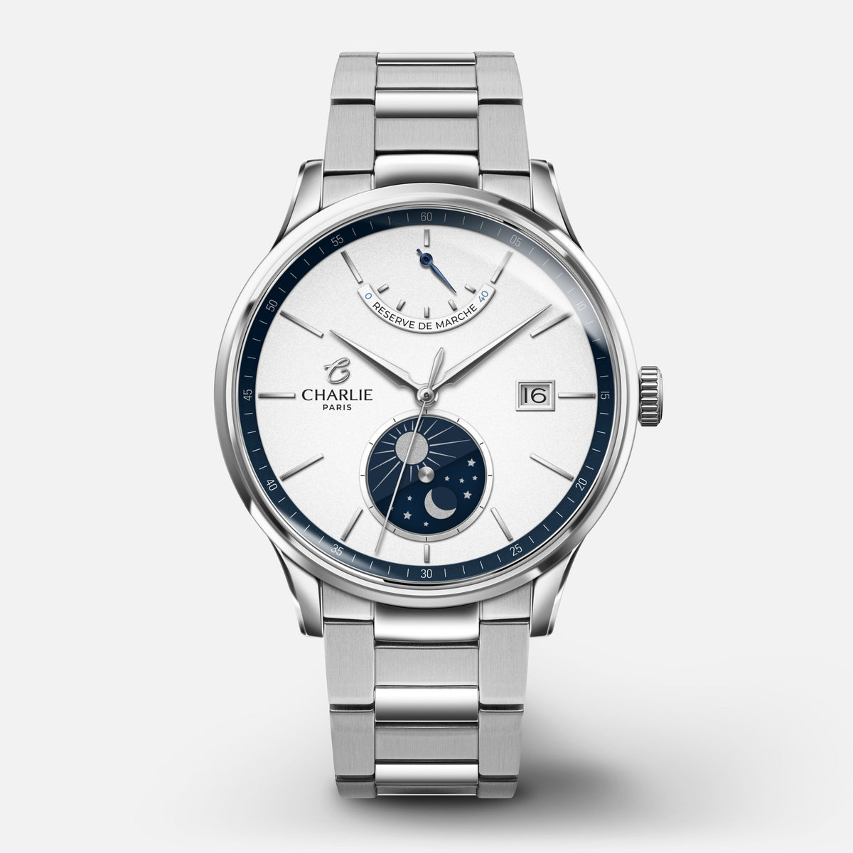 INITIAL - Automatique Jour/Nuit - Panda blanc & bleu Montres CHARLIE Acier 3 maillons