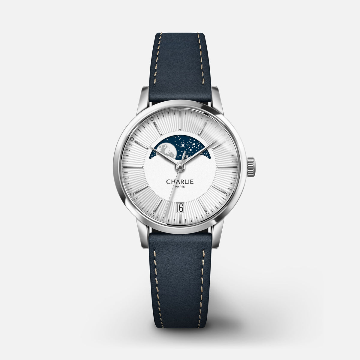 SULLY - Quartz Phase de Lune - Acier Montres CHARLIE Cuir bleu