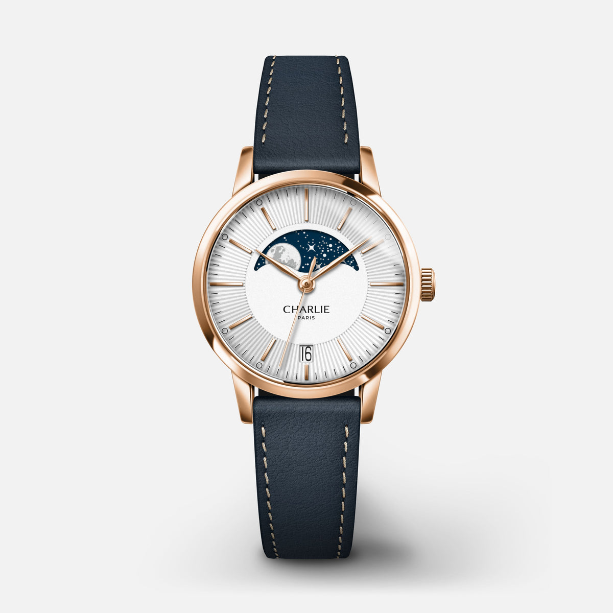 SULLY - Quartz Phase de Lune - Doré rose Montres CHARLIE Cuir bleu