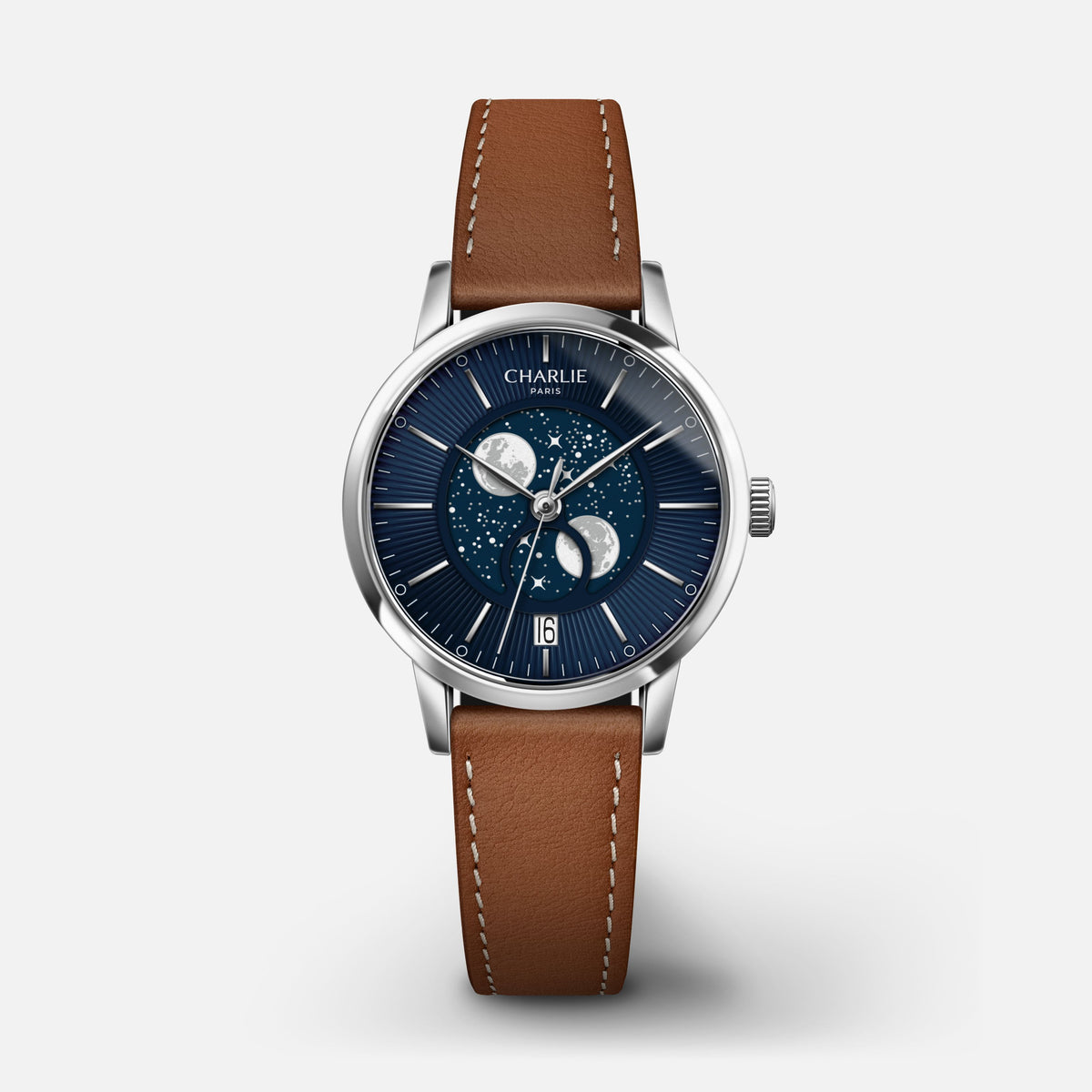 SULLY - Quartz Phase de Lune - Acier & Bleu Montres CHARLIE Cuir marron
