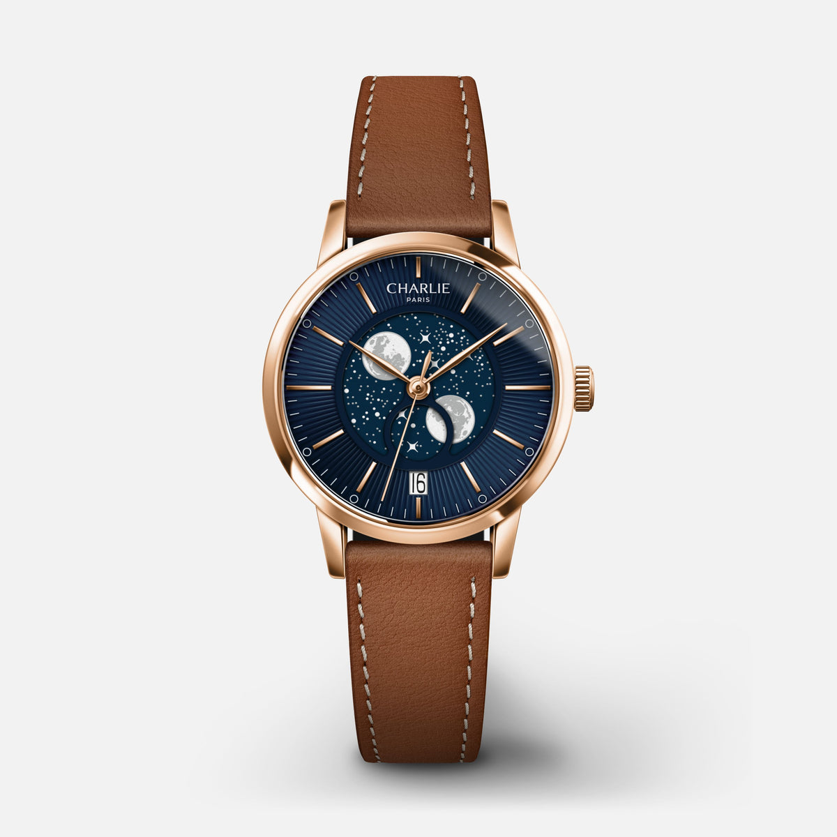 SULLY - Quartz Phase de Lune - Doré rose & Bleu Montres CHARLIE Cuir marron